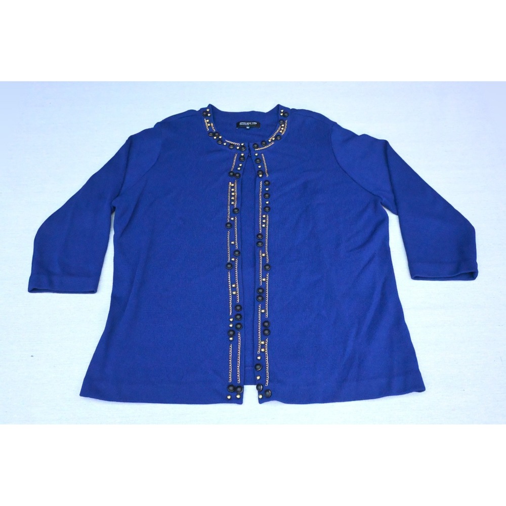 Jones New York Collection Womens 3X Cardigan Jacket Blue Embellished Chain Trim